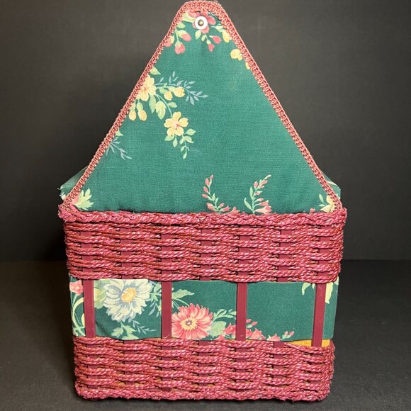 Vintage Burgundy & Green Floral Print Double Door Hinge Sewing Box w/ Handle - Picture 4 of 9